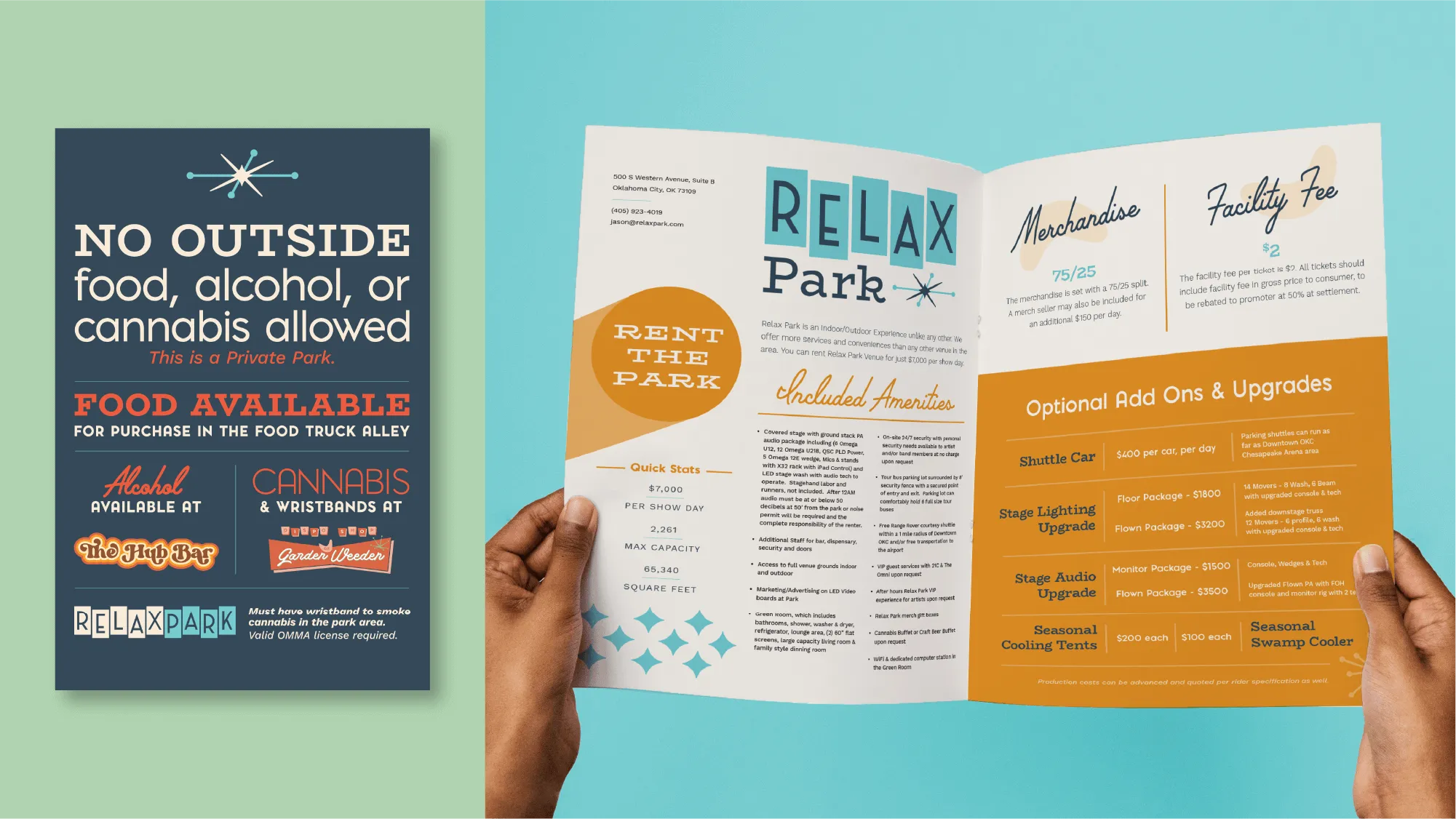 A poster and a booklet for the event venue space called Relax Park, these are playful and expressive