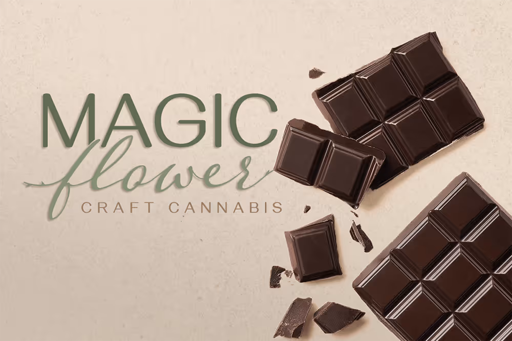 The magic flower logo next to edible choclate