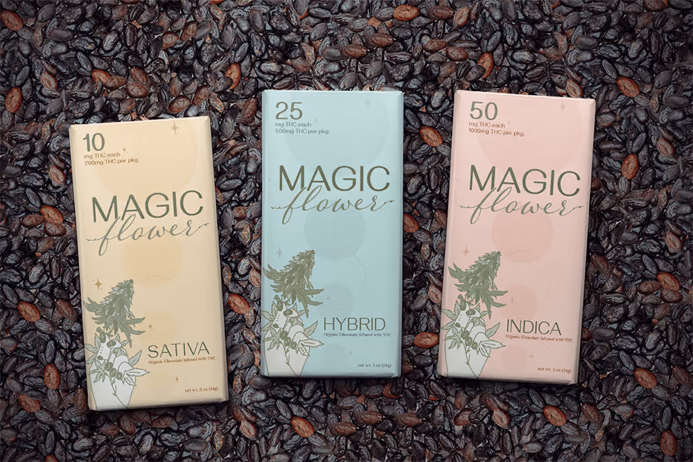 Package design for chocolate bars, for Magic Flower Craft Cannabis. They all have a custom illustration, set in different colors for the different THC strengths.