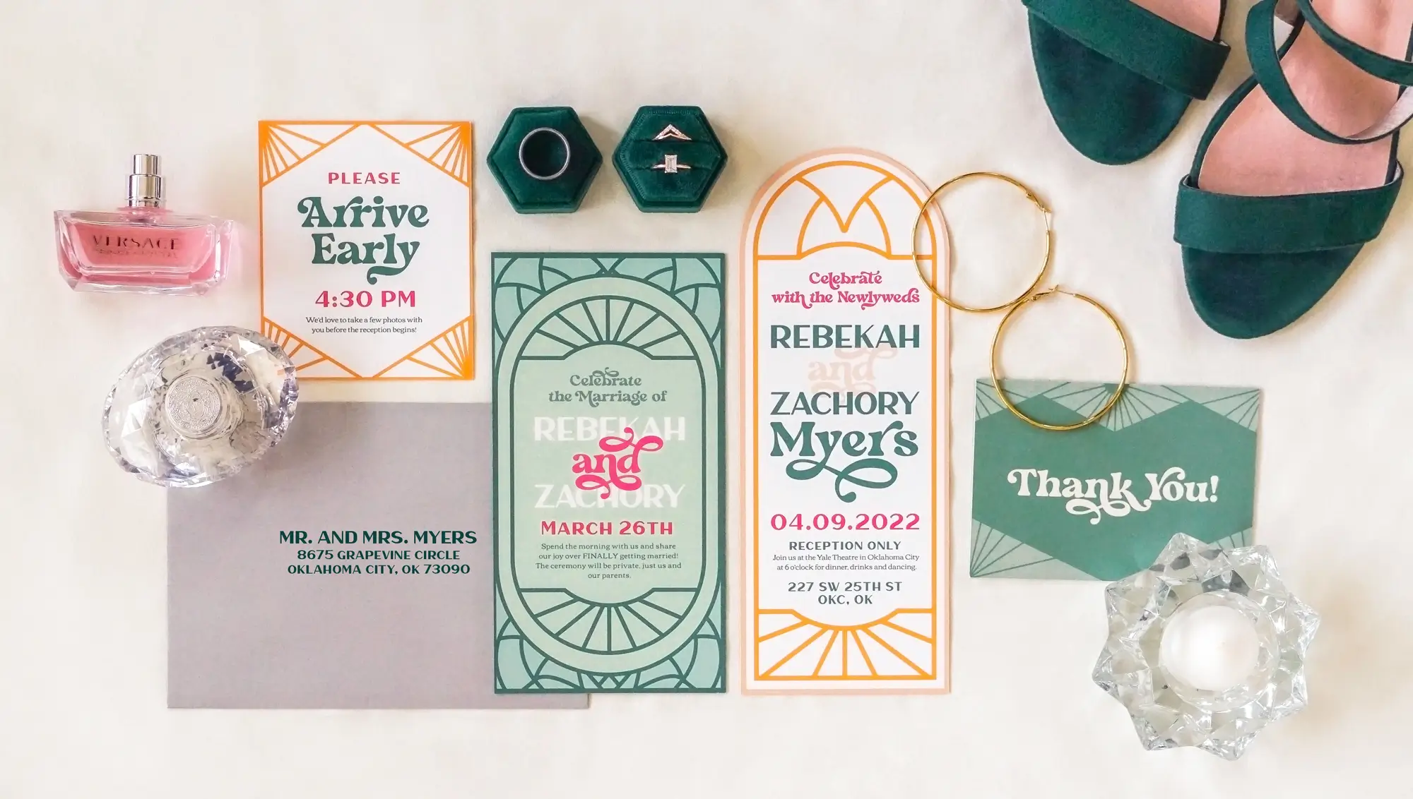 Wedding Invitation suite with bold art deco branding, emerald and hot pink accents, touches of gold.