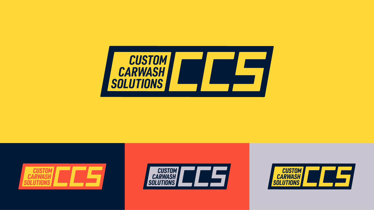 Custom Carwash Solutions logo in 4 color combinations. The logo is custom lettering made to resemble the badge frequently seen on vehicles like the Ford Emblem or the Dodge Emblem.