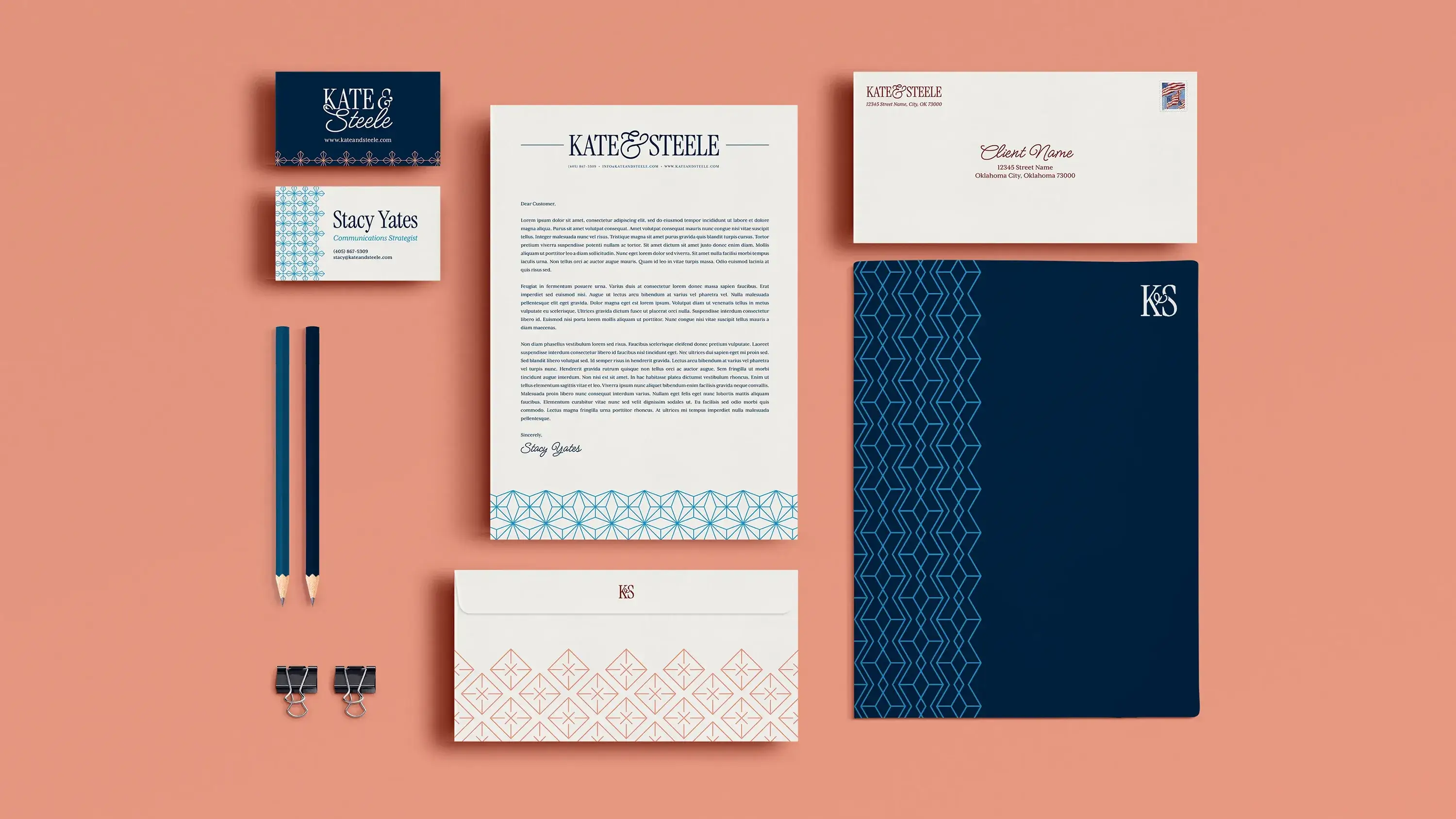 Marketing Collateral with bright blue, navy, and copper accents. Modern geometric forms create patterns.