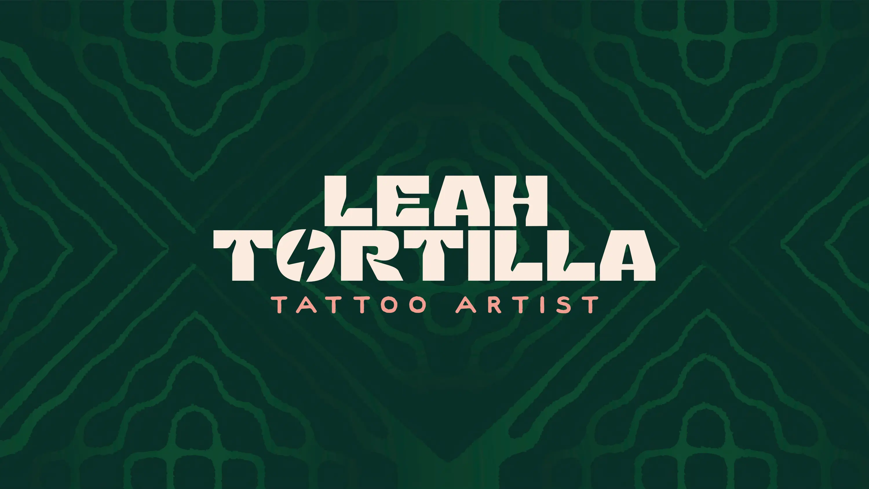Leah Tortilla, Tattoo Artist, wordmark logo on dark green hypnotizing pattern