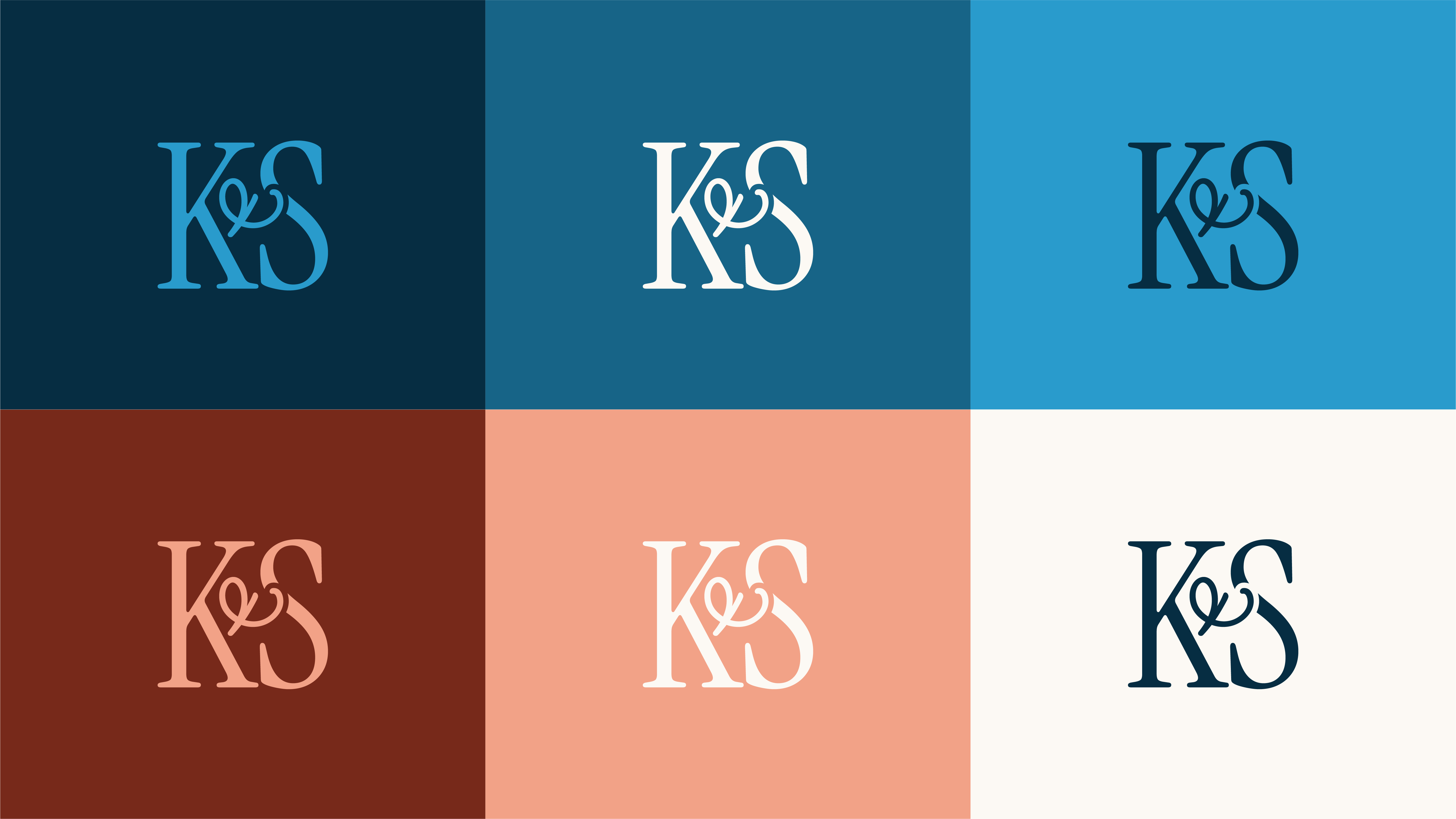 Kate & Steel brand marks in 6 different color combinations. Looks like a K&S, in a hand made font paired with a serif