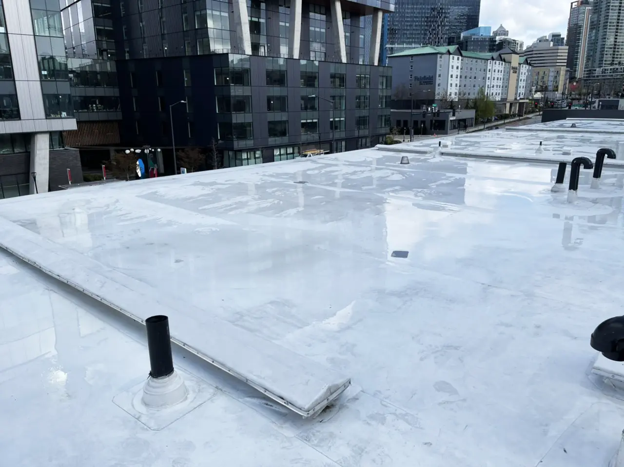 Freshly cleaned white flat roof on urban commercial building — post-maintenance surface free of debris, stains, and algae growth.