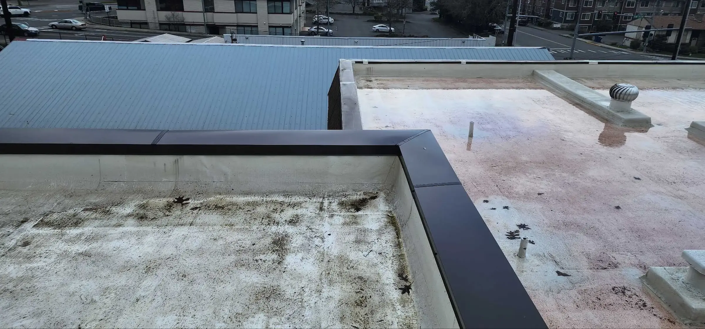 Metal coping on flat roof installed by Flat Roof Pros roofing contractor.