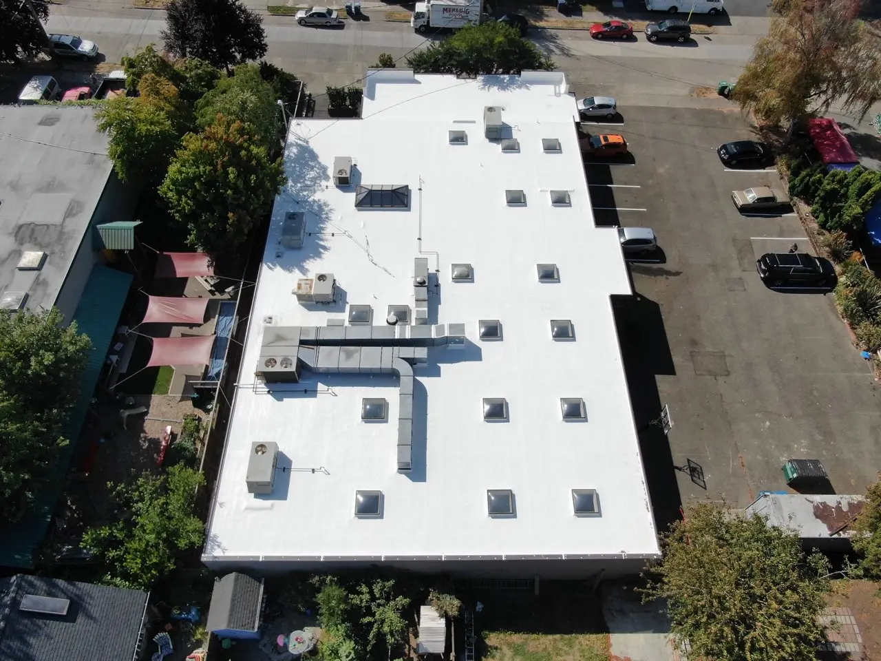 Commercial building in Seattle with a new white PVC roof featuring multiple skylights and rooftop HVAC units