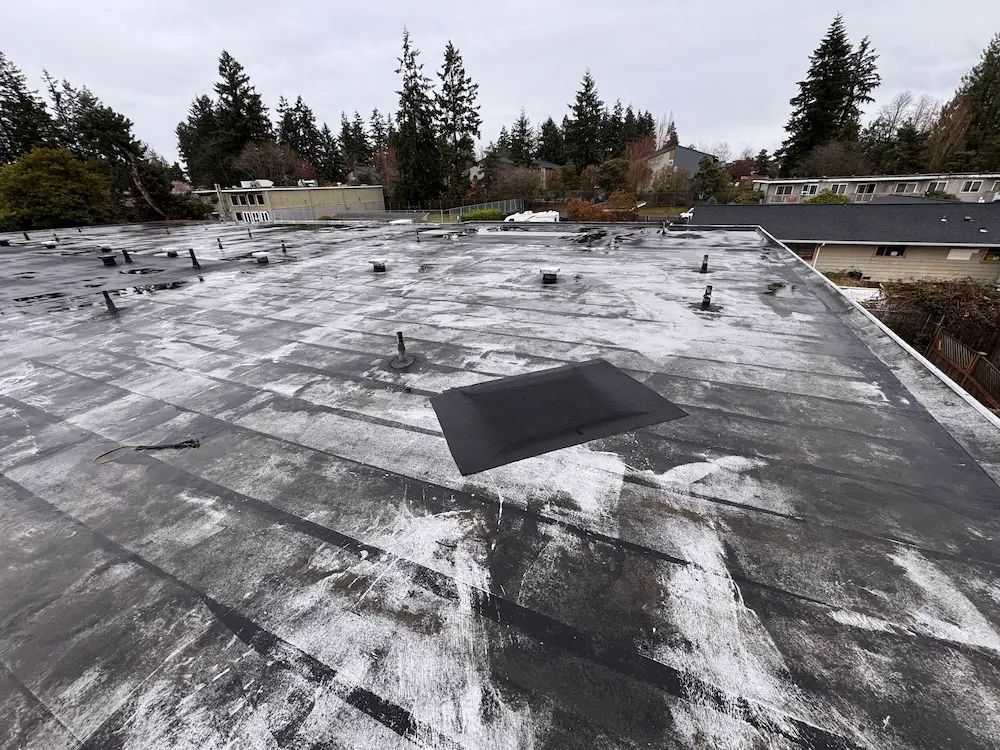 Flat roof surface with widespread aging, exposed seams, and deterioration visible before restoration work begins.