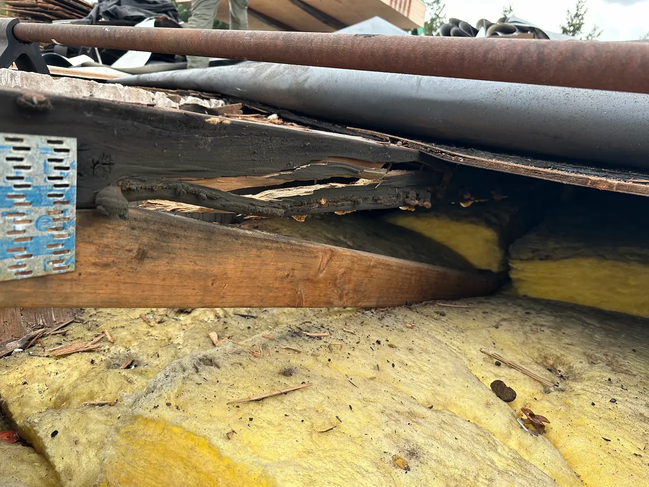 Exposed roof decking and damaged insulation revealed during tear-off phase of commercial flat roof replacement at Holiday Inn Express