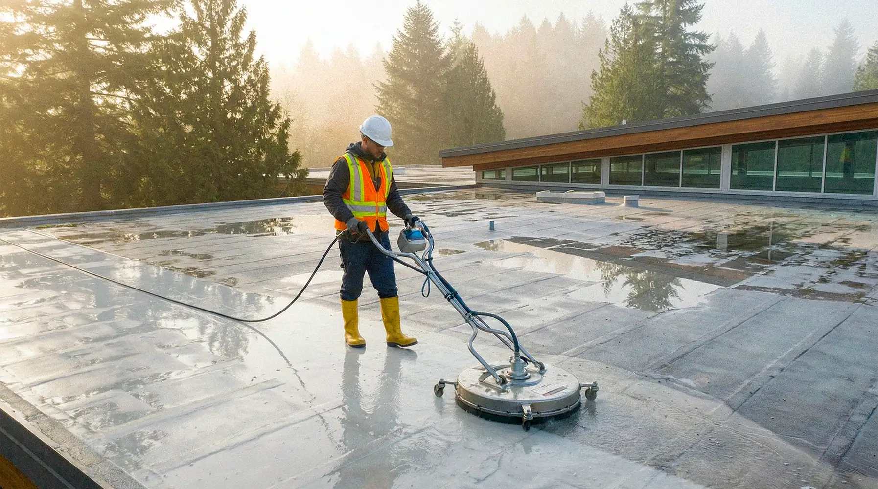 Professional roof cleaning with pressure washer — removing moss, debris, and buildup to extend roof lifespan and improve gutter performance.
