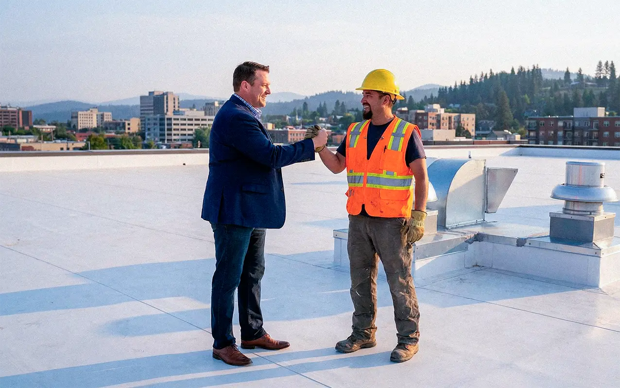 Commercial roofer welding PVC membrane seams on a flat roof in Washington, ensuring waterproofing and durability during a professional roof replacement by Flat Roof Pros.