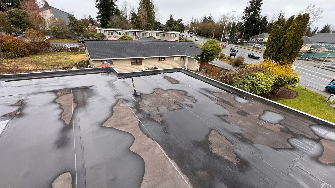 Standing water on a flat apartment roof after rain, showing a drainage condition that needs attention.
