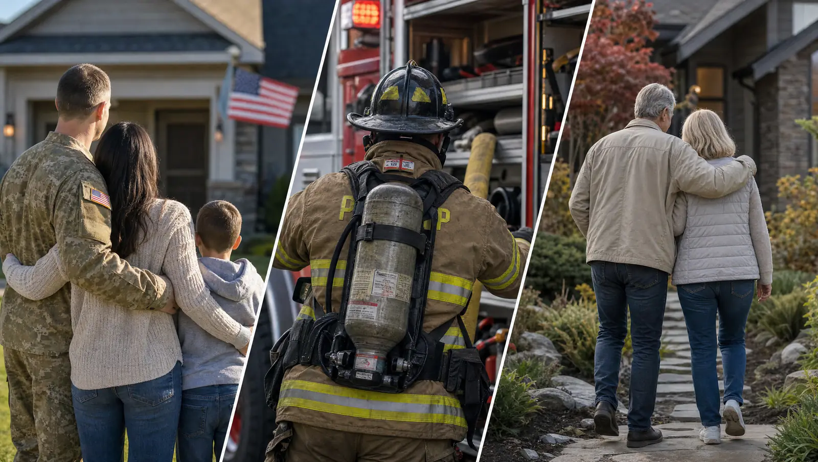 Military family, firefighter, and senior homeowners representing Flat Roof Pros community roofing discounts in Washington
