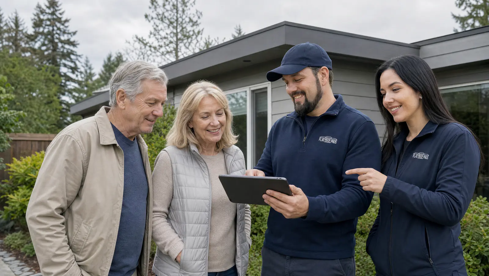 Senior homeowners reviewing roof information with Flat Roof Pros team members outside a Washington home