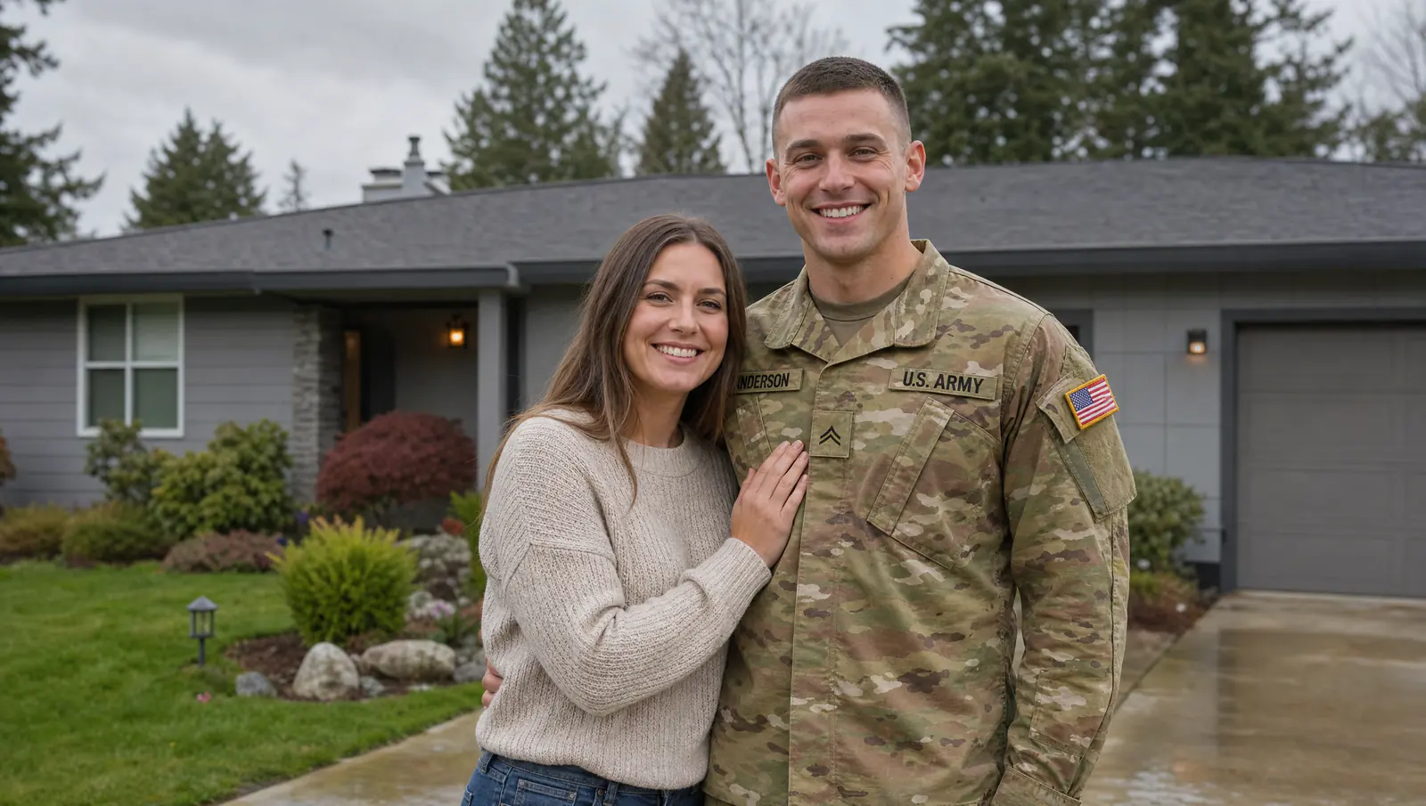 United States Army service member and spouse outside their Washington home