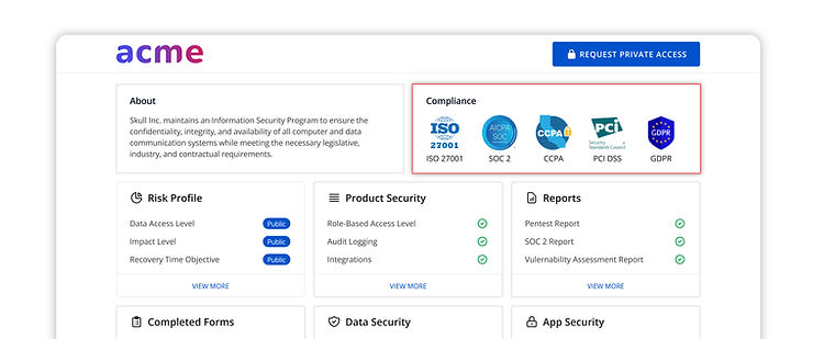 All standards and certfications in one place: ISO 27001, SOC 2, PCI DSS< HIPAA, GDPR, CCPA, PDPA - all in one place