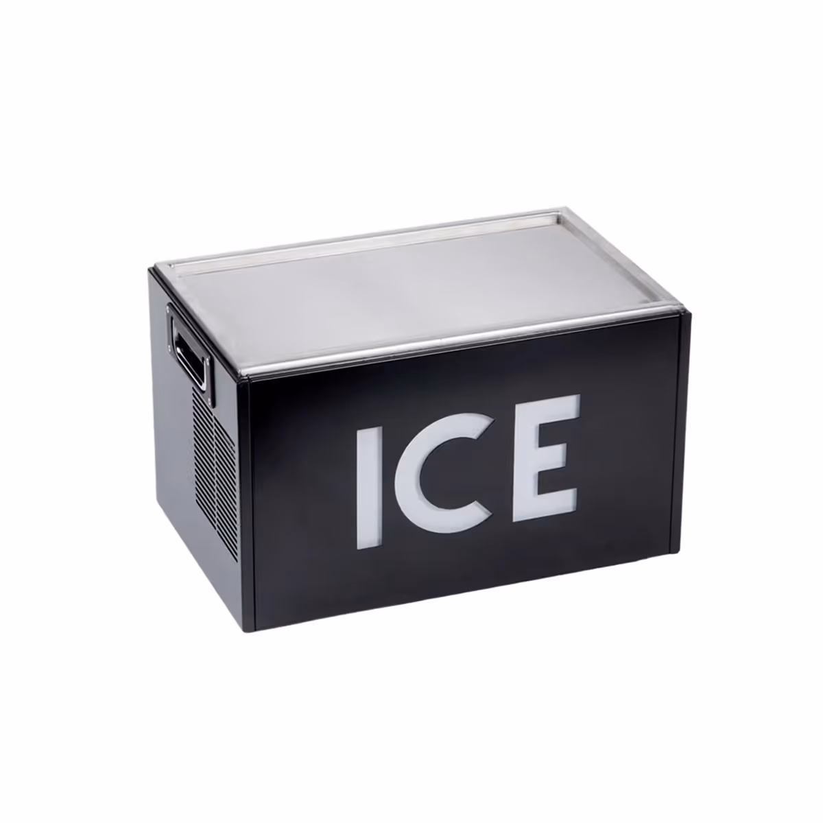 Černá chladící box na led se zřetelným nápisem ICE.