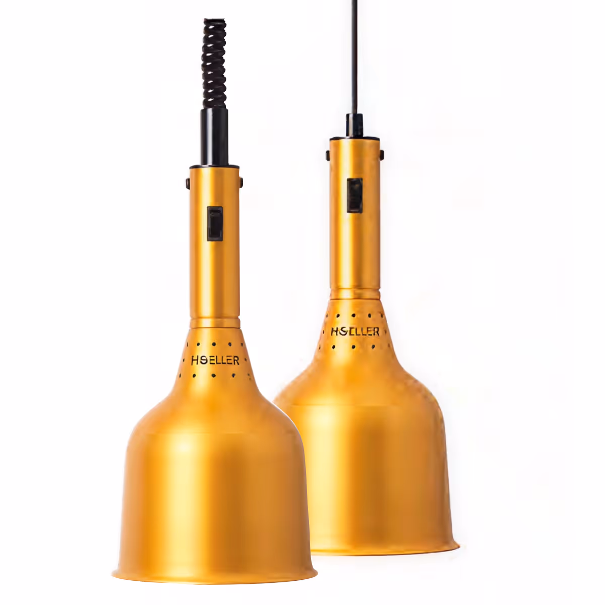 Dvě zlaté závěsné lampy Hoeller s černým vypínačem a pružným kabelem na bílém pozadí.