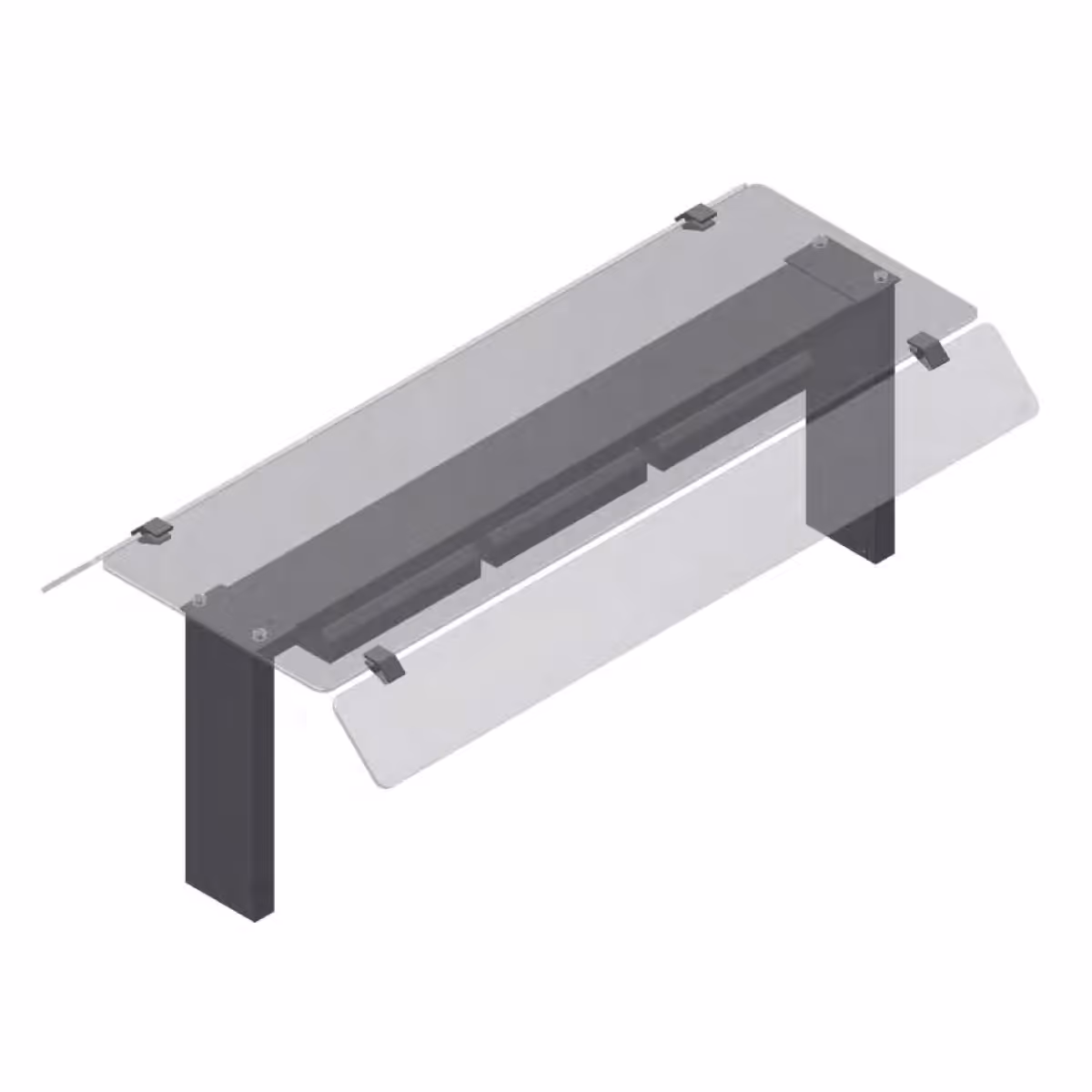 Diagram průhledného psacího stolu s tmavě šedými nohami a zásuvkou pod deskou.