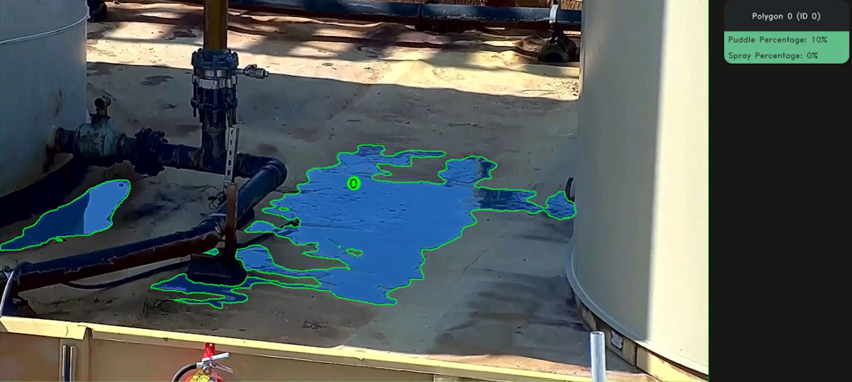 VisionAery leak detection interface outlining pooled liquid near pipes and tanks, showing puddle percentage 10% and spray percentage 0%.