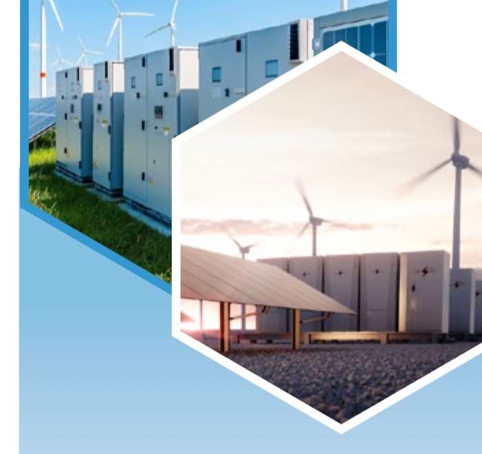 Cabinet-type battery energy storage installations beside solar panels and wind turbines.