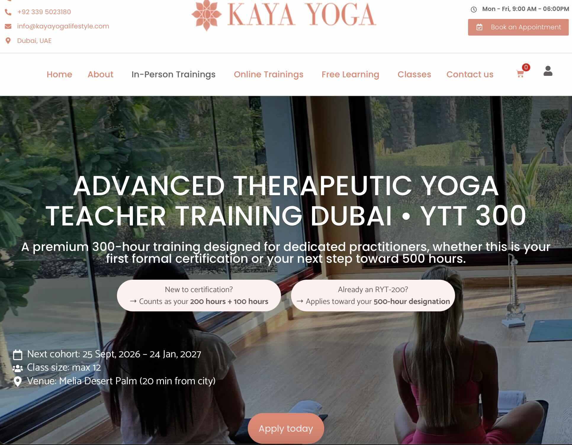 Screenshot of the Kaya Yoga web page