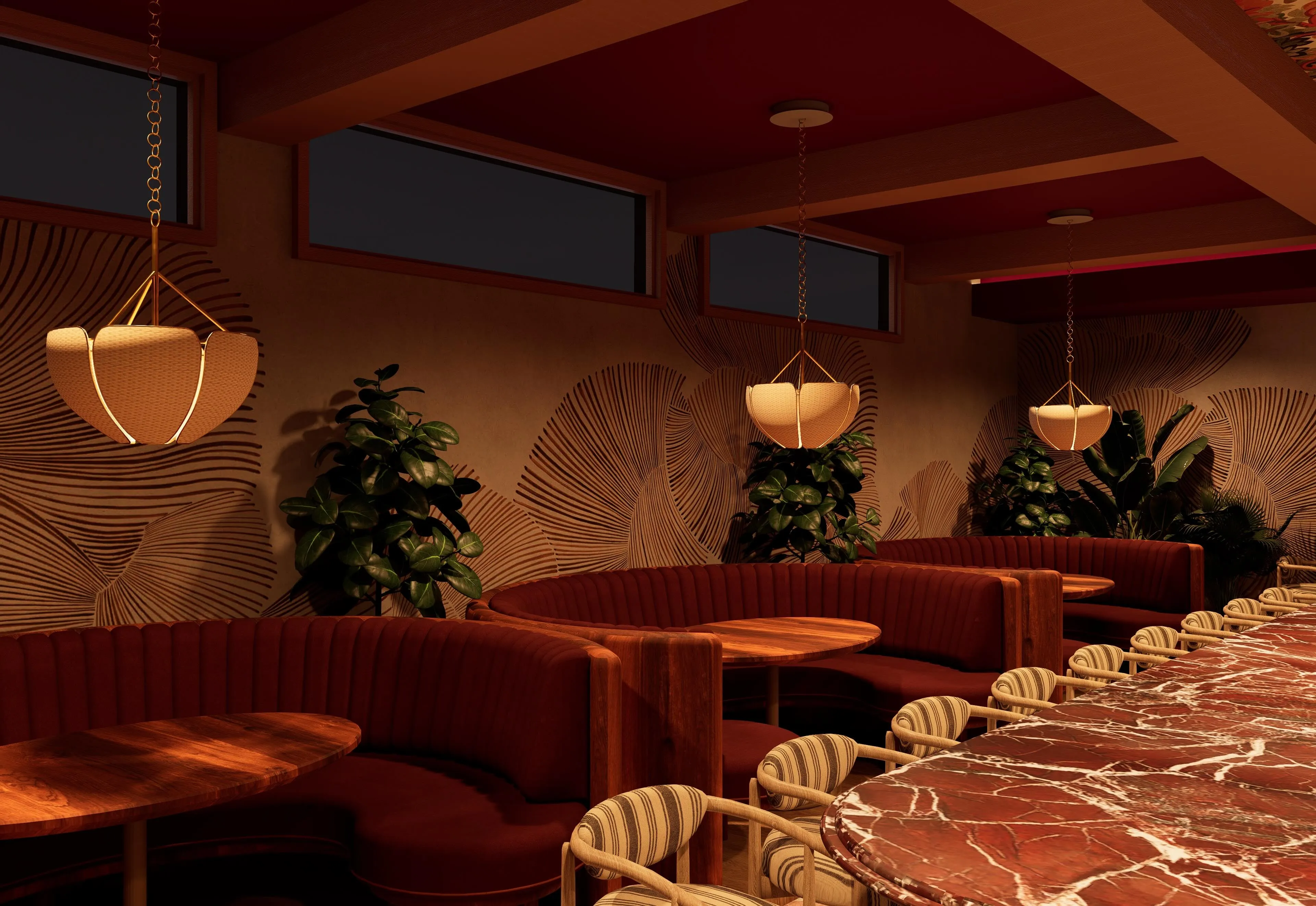 Rendering of the marble bar and booths at The Guest House Aspen