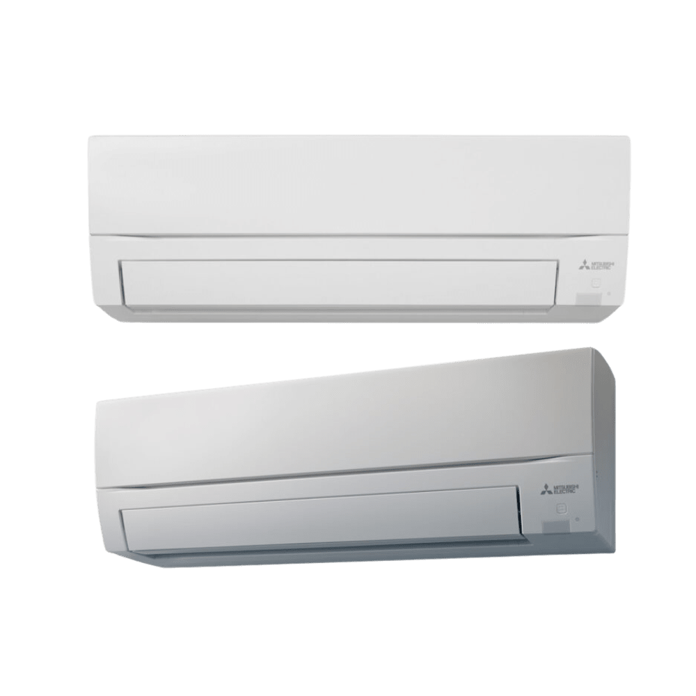 Mitsubishi FT25 Hyper Heating ilmalämpöpumppu – FT-mallisarjan sisäyksikkö edestä ja sivulta