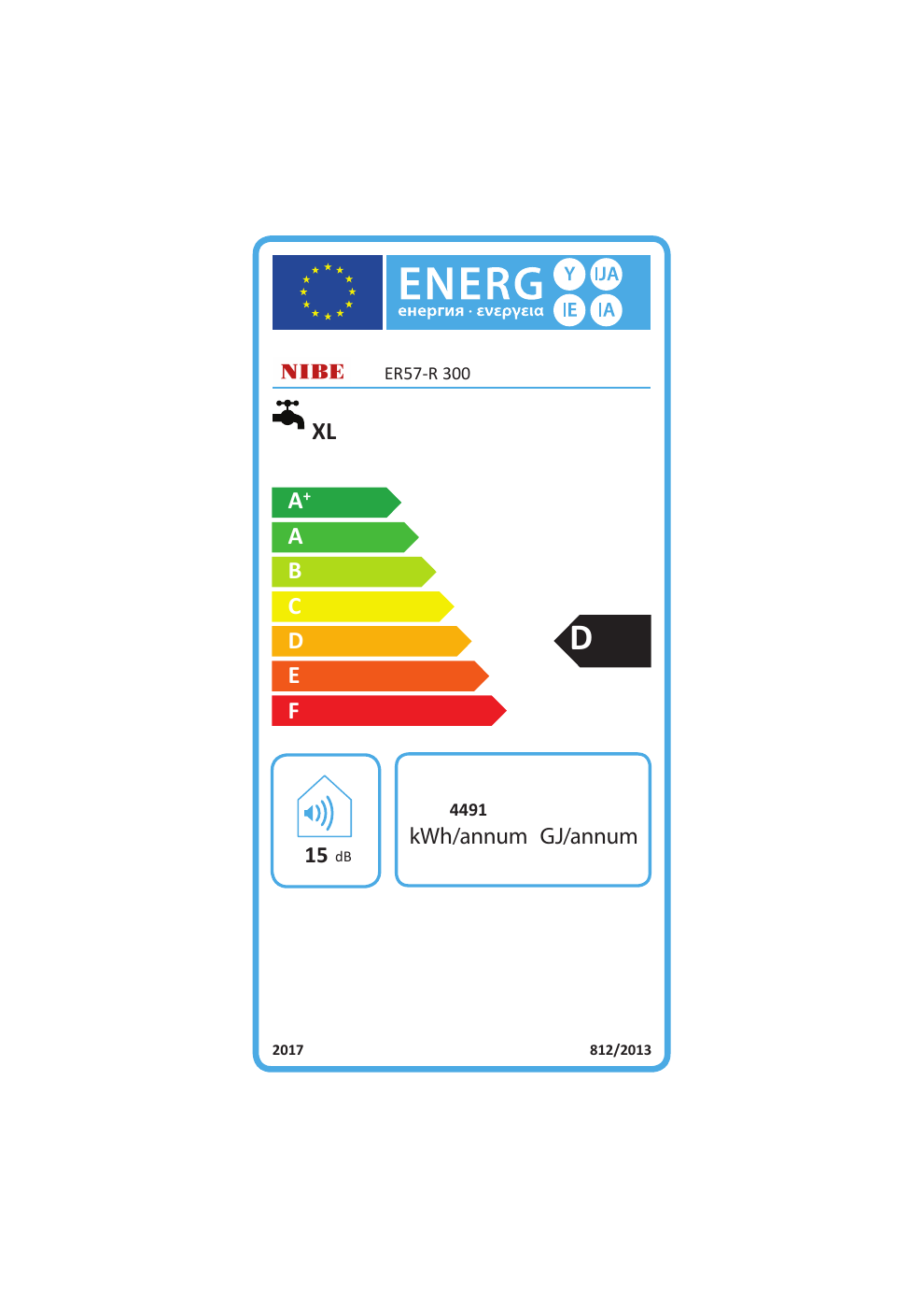 NIBE Compact 300 R:n energiamerkki: D, juoksutusprofiili XL
