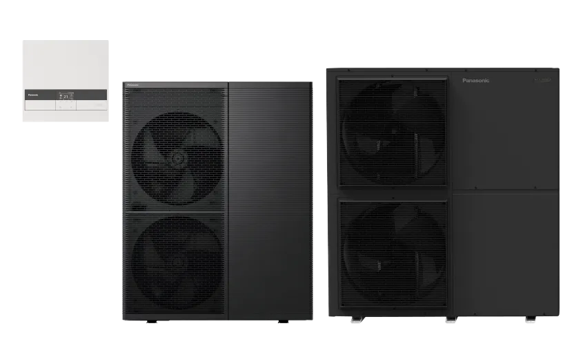 Panasonic Aquarea T-CAP M – valmistajan ulkoyksikön ja ohjausmoduulin mallisarjakuva. Kokoversio ja sisäyksikkökokoonpano voivat poiketa.
