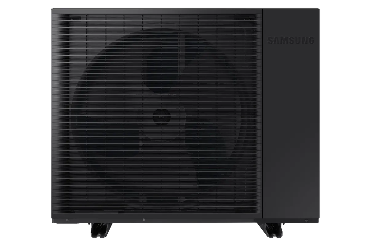 Samsung EHS Split R32 DX – valmistajan mustan ulkoyksikön mallisarjakuva, kuvassa AE125DXEDEG/EU. Kokoversio voi poiketa.