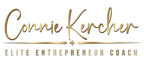 Elegant Connie Kercher logo with gold script text reading 'Elite Entrepreneur Coach.'