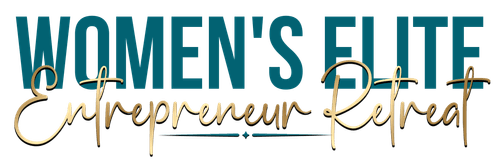 Logo for Women's Elite Entrepreneur Retreat, a mix of bold and script font in teal and gold.