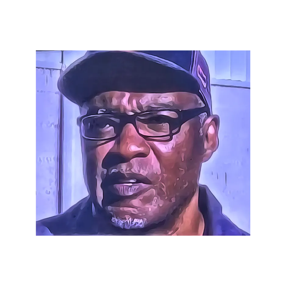 Person wearing glasses and cap with blue-purple tinted background