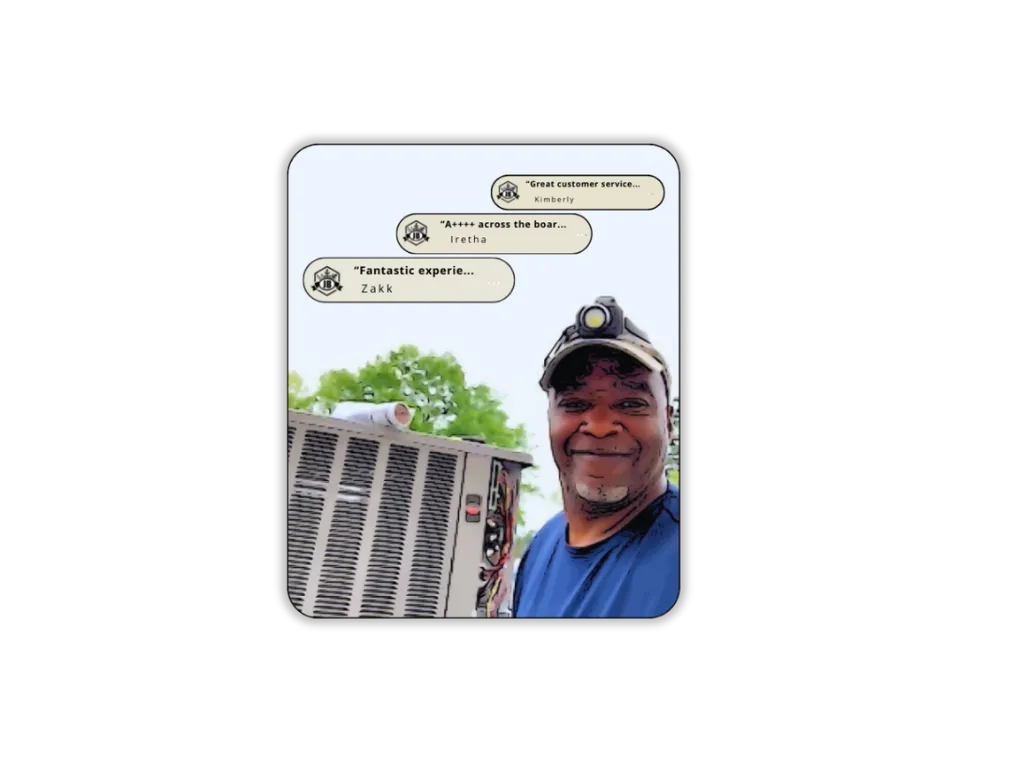 HVAC technician smiling next to air conditioning unit with positive reviews