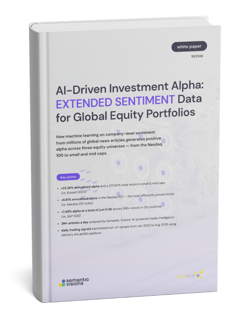 White paper How machine learning applied to company-level sentiment from millions of global news articles revealed predictive signals across three distinct equity universes.  Download the white paper to explore how global news flow can be transformed into structured investment signals — and what happened when those signals were tested from the Nasdaq 100 to small- and mid-cap stocks.