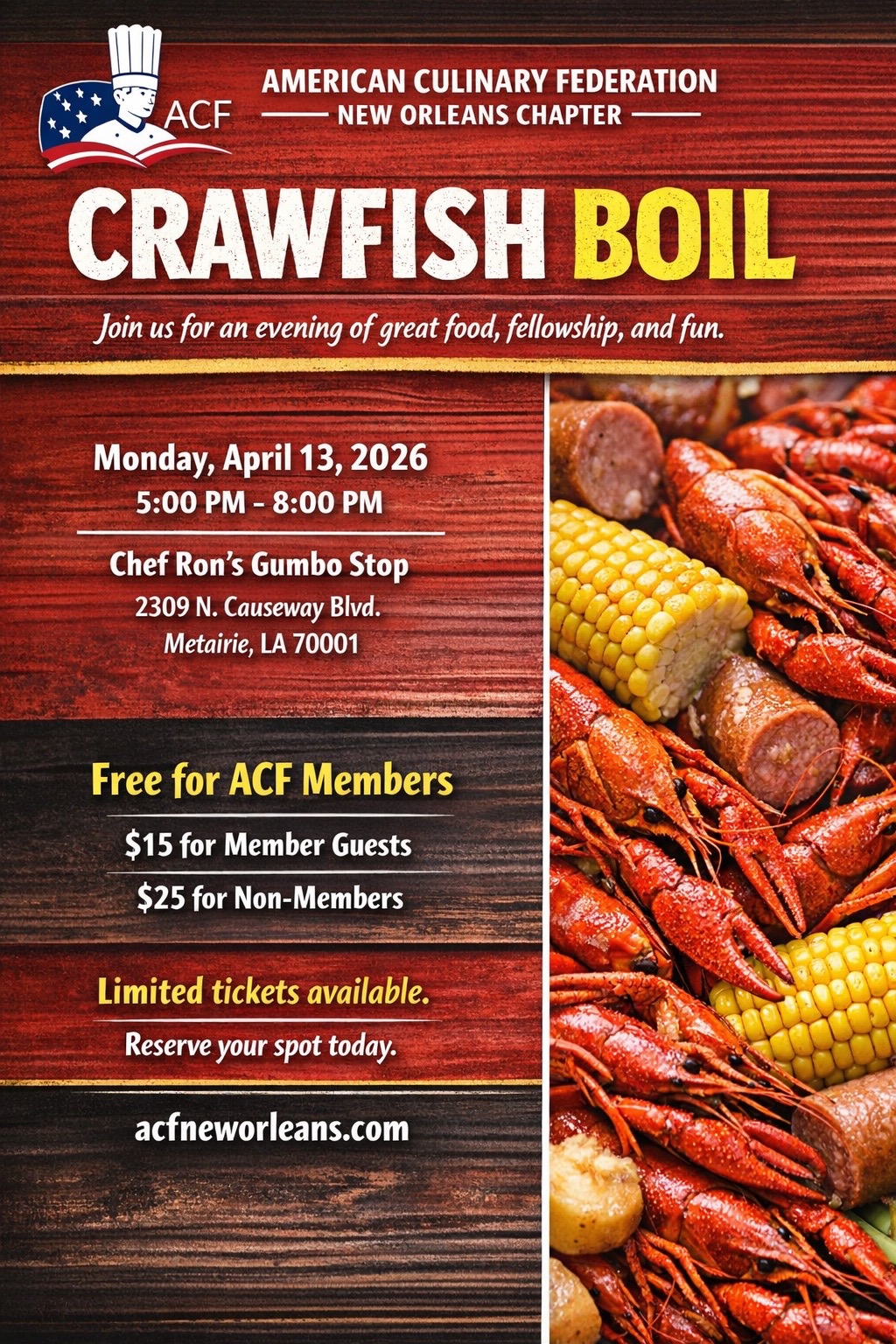 The event graphic for the ACFNO's upcoming Crawfish Boil including a photo of crawfish with corn and sausage