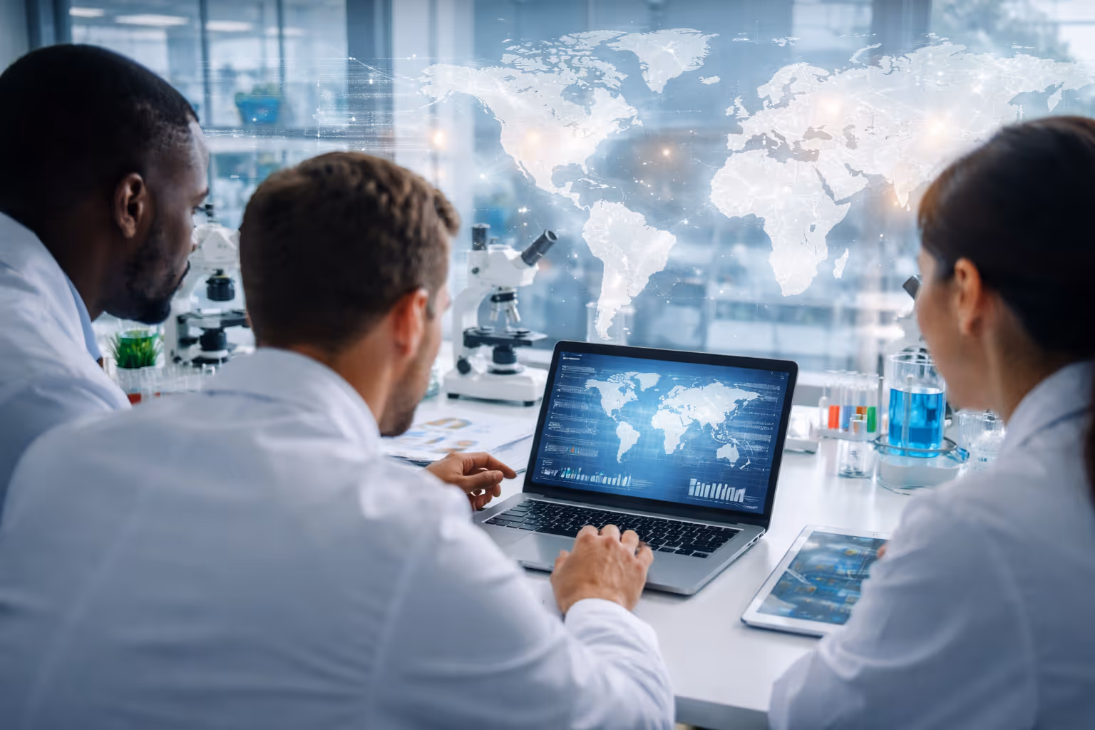 A professional team of scientists reviews global data on a laptop, featuring a leading medical Researcher.