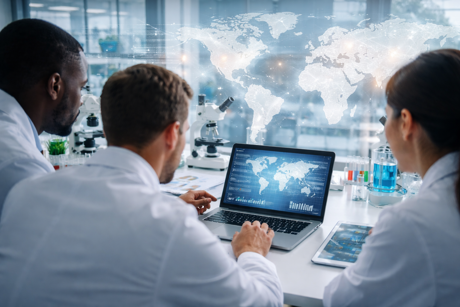 A professional team of scientists reviews global data on a laptop, featuring a leading medical Researcher.
