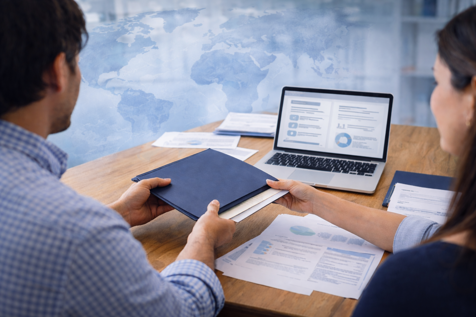 Two business professionals exchange a blue folder over a desk with a laptop and global map background.
