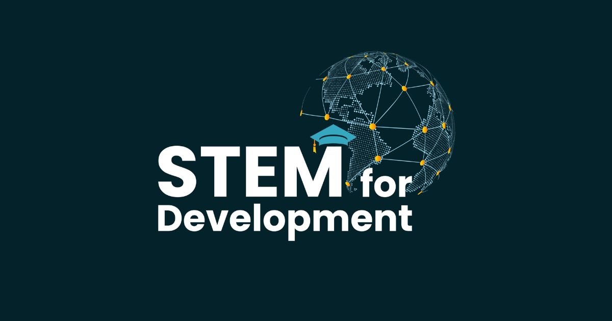 A STEM for Development graphic with a digital globe representing global industry research collaboration.