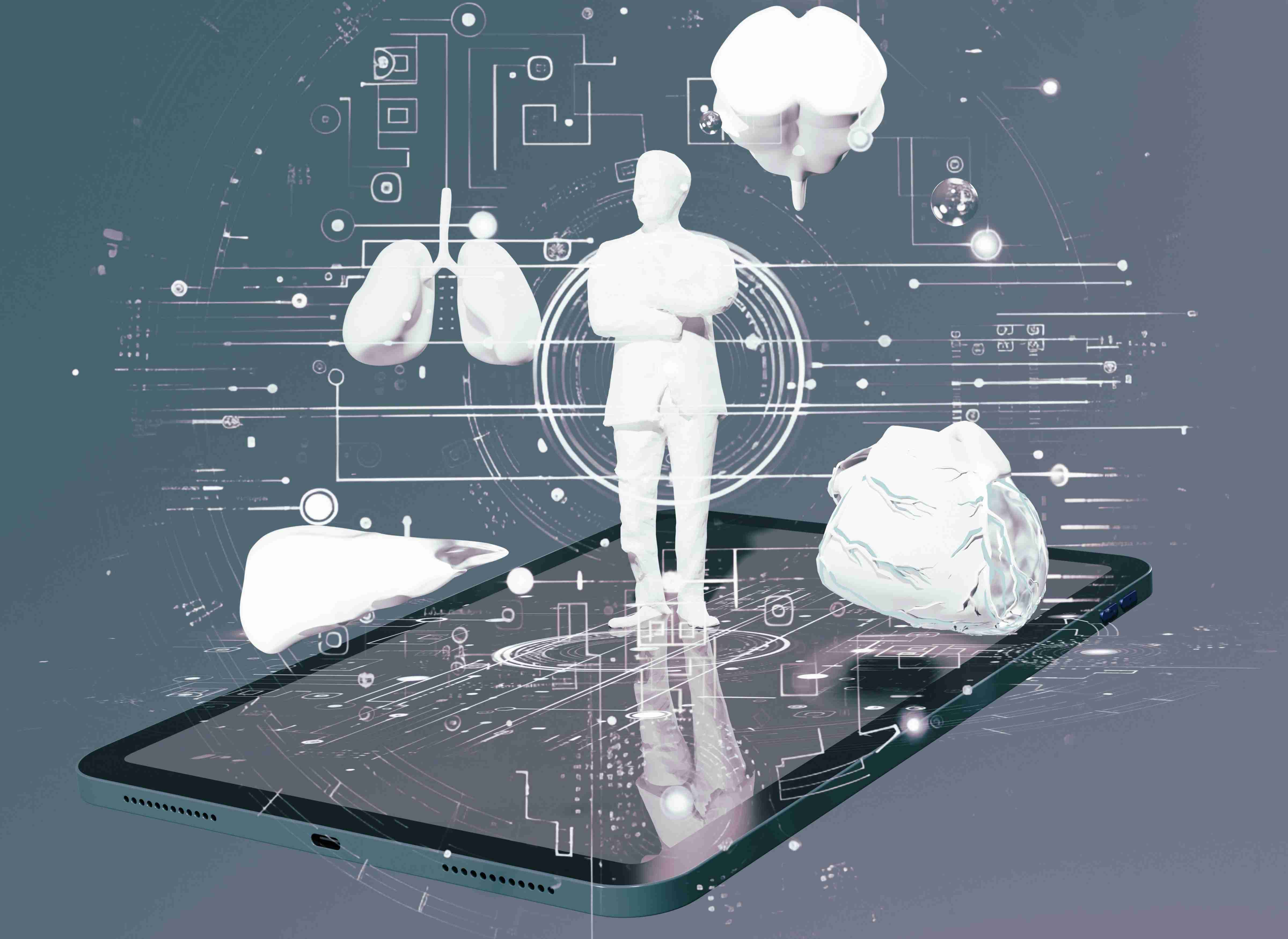 A 3D digital interface on a tablet showing medical icons and human anatomy for industry research collaboration.