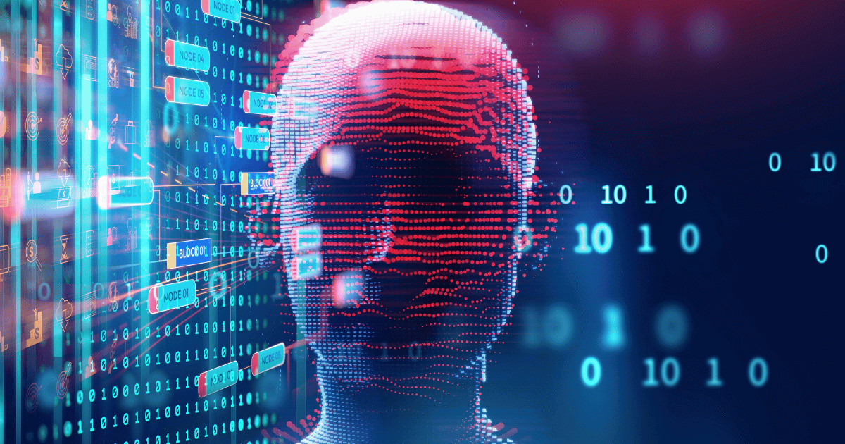 Abstract digital human face surrounded by binary code and connected data diagrams, representing artificial intelligence.