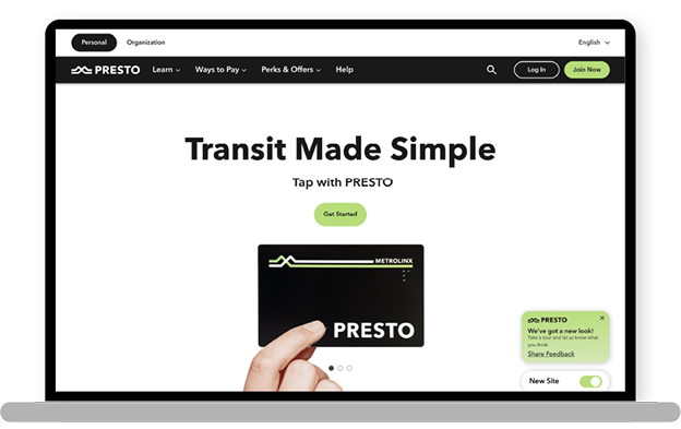 An image displayed inside a laptop mockup showing the new PRESTO dashboard. From left to right, there’s a new side navigation bar with icons, followed by the current PRESTO card displaying the balance. Below the card, a timer and load bar show the remaining transfer time. Further down, additional cards display the card image, name, number, fare type, and balance. On the right, 'Welcome back Emily' is shown with a hand emoji, along with a sign-out button and a language toggle. Below that, there’s a clean carousel for announcements, followed by recent transactions. At the far right, travel spending statistics are displayed with clear bar charts showing how much was spent this week.