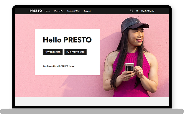An image displayed inside a laptop mockup showing the current PRESTO dashboard. The main section features a large carousel displaying announcements. Below the carousel, there are notifications and the 'My Cards' section. On the left side of the screen, the text 'Welcome Rosa' is displayed.