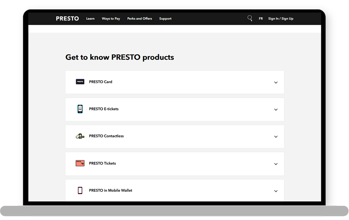 An image displayed inside a laptop mockup showing the current PRESTO dashboard. The main section features a large carousel displaying announcements. Below the carousel, there are notifications and the 'My Cards' section. On the left side of the screen, the text 'Welcome Rosa' is displayed.