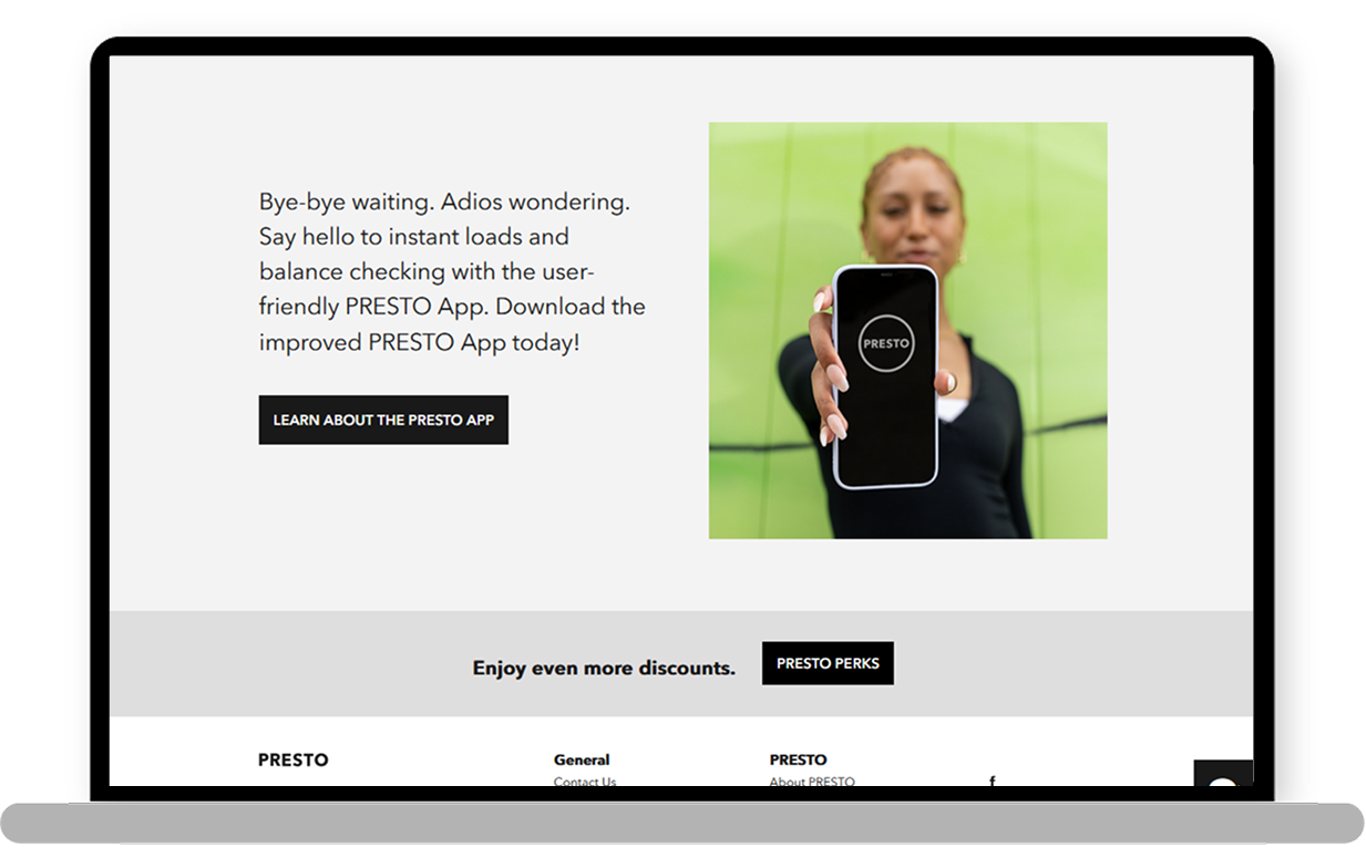An image displayed inside a laptop mockup showing the current PRESTO dashboard. The main section features a large carousel displaying announcements. Below the carousel, there are notifications and the 'My Cards' section. On the left side of the screen, the text 'Welcome Rosa' is displayed.