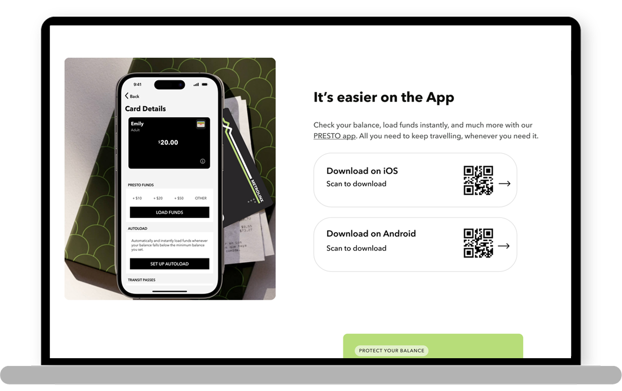 An image displayed inside a laptop mockup showing the new PRESTO dashboard. From left to right, there’s a new side navigation bar with icons, followed by the current PRESTO card displaying the balance. Below the card, a timer and load bar show the remaining transfer time. Further down, additional cards display the card image, name, number, fare type, and balance. On the right, 'Welcome back Emily' is shown with a hand emoji, along with a sign-out button and a language toggle. Below that, there’s a clean carousel for announcements, followed by recent transactions. At the far right, travel spending statistics are displayed with clear bar charts showing how much was spent this week.