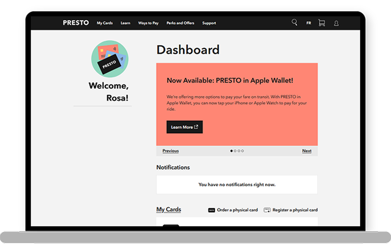 An image displayed inside a laptop mockup showing the current PRESTO dashboard. The main section features a large carousel displaying announcements. Below the carousel, there are notifications and the 'My Cards' section. On the left side of the screen, the text 'Welcome Rosa' is displayed.