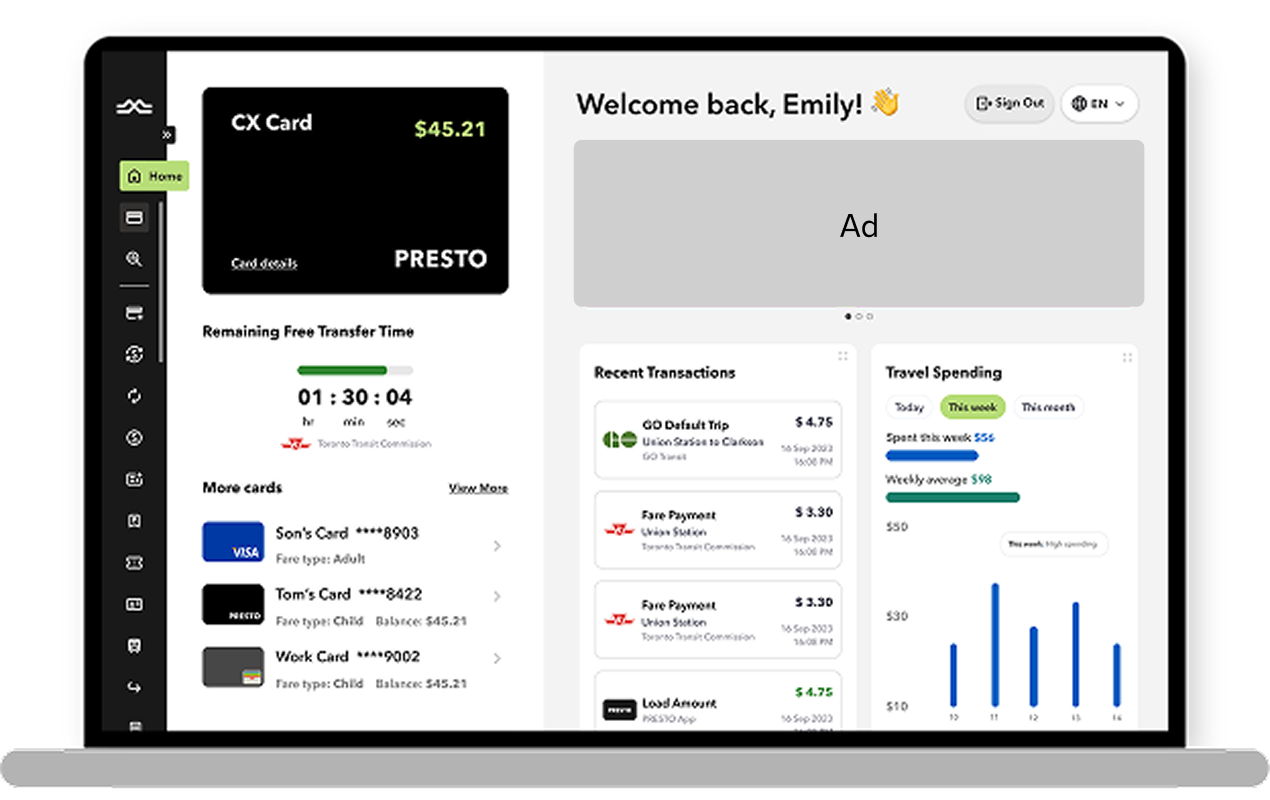 An image displayed inside a laptop mockup showing the new PRESTO dashboard. From left to right, there’s a new side navigation bar with icons, followed by the current PRESTO card displaying the balance. Below the card, a timer and load bar show the remaining transfer time. Further down, additional cards display the card image, name, number, fare type, and balance. On the right, 'Welcome back Emily' is shown with a hand emoji, along with a sign-out button and a language toggle. Below that, there’s a clean carousel for announcements, followed by recent transactions. At the far right, travel spending statistics are displayed with clear bar charts showing how much was spent this week.